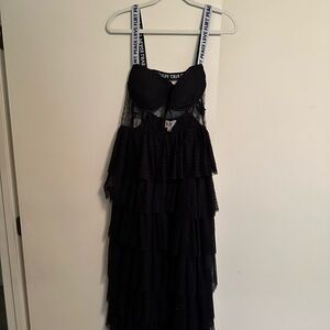 Black Tulle and Mesh Strappy Midi Dress